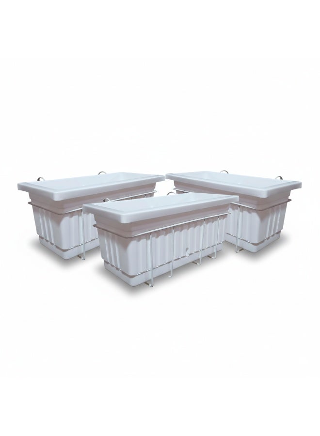 Rectangular Planter Pot Set with Built-in Drainage Dish 20x40cm 3 Pieces with 3 Metal Stand for Hanging Balcony -white - Image 1